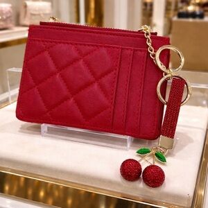 Red Quilted Card Holder Wallet w/ Cherry Rhinestone Keychain Zipper Coin